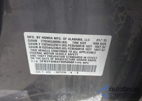2015 Honda Pilot Ex-L from USA, damaged, VIN 5FNYF4H6XFB050660